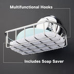 HASKO Suction Cup Soap Dish for Shower Wall, Rustproof Stainless Steel Shower Soap Holder for Bathroom with Hooks and Soap Saver, Includes Optional No Drill Adhesive Mount, Silver - color: Silver