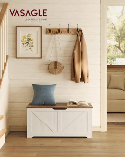 VASAGLE Storage Chest, Storage Bench with 2 Safety Hinges, Farmhouse Style, 15.7 x 39.4 x 18.1 Inches, for Entryway, Bedroom, Living Room, Honey Brown and Rustic White ULSB060WJ01S - color: Honey Brown + Rustic White, size: 39.4"W x 18.1"H, style: Farmhou