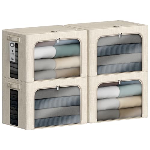 4 Pack Clothes Storage Bins with Metal Frame - 66L Stackable Storage Box with Lid，Foldable Storage Container Organizer for Clothes，Linen Fabric Storage Box with Clear Window＆Zippers＆Handles - color: Beige, size: 66L