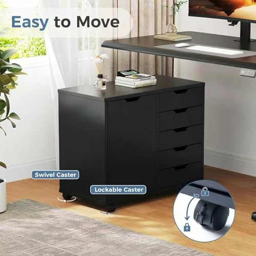 DUMOS 5 Drawer File Cabinet Office Drawers Organizer with Wheels Rolliing, Under Desk Cabinets with Shelves and Door Printer Stand with Wood Board Metal Frame for Home Office Storage Craft Room, Black - color: Black