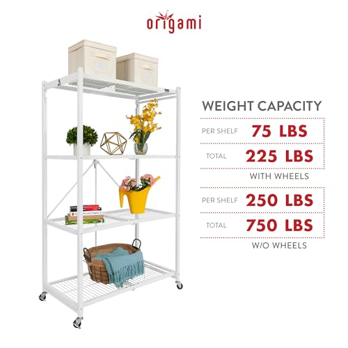 Origami 2-Pack R5 Storage Rack, 4-Tier Heavy-Duty Foldable Steel Shelf with Wheels, White - color: White, size: 2-Pack