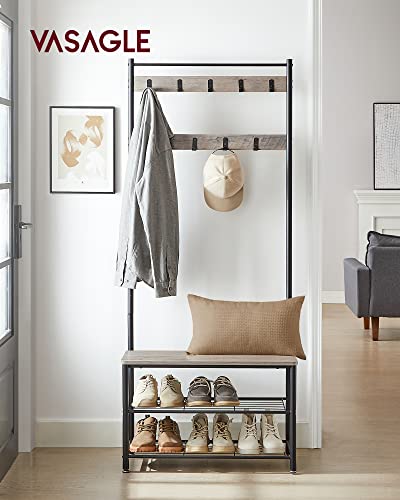 VASAGLE Coat Rack, Hall Tree with Shoe Storage Bench, Entryway Bench with Shoe Storage, 3-in-1, Steel Frame, for Entryway, 12.6 x 27.6 x 68.9 Inches, Industrial, Greige and Black UHSR41MB - color: Greige + Black, size: 27.6"W