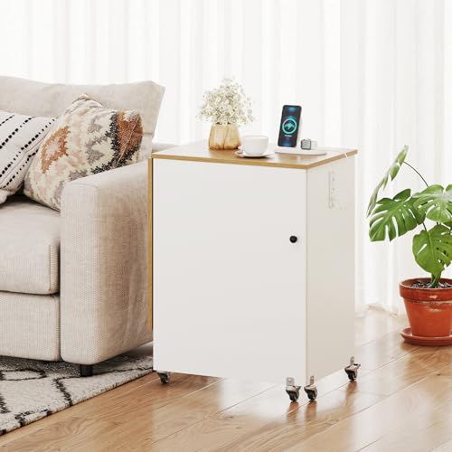 Giantex Folding Sewing Table with Charging Station, Rolling Craft Table with Storage Trays & Shelf, Foldable Sewing Machine Cabinet Desk with Lockable Wheels for Small Spaces (White & Natural) - color: White & Natural
