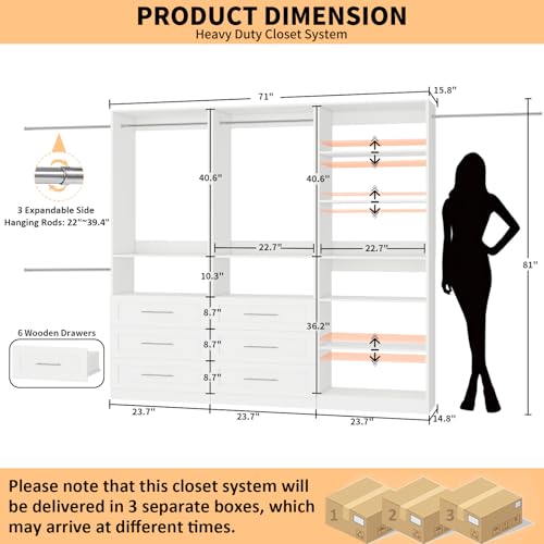 Closet System with 3 Sets, 6-15.8FT Custom Closet Organizer System with 6 Drawers & 8 Shelves & 5 Hanging Rods, Max 189"W Closet Shelving System, Walk in Closet Organizers and Storage System, White