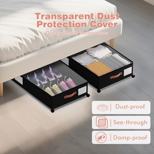 Under Bed Storage 2 Pack 66L, Rolling Containers with Wheels, Heavy Duty Metal Frame, 600D Oxford Fabric, Clear Lid, Adjustable Dividers for Clothes Shoes Blankets, Dorm Space Saving, Black