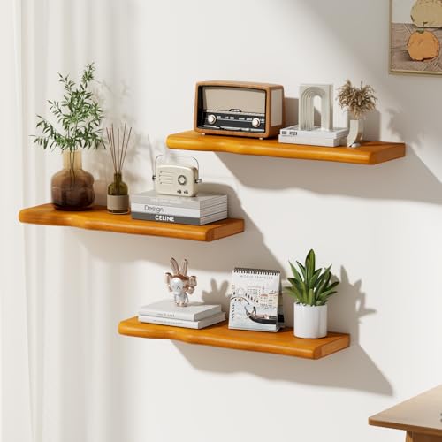 Floating Shelves for Wall Rustic Farmhouse 24 Inch Floating Shelf Wooden Shelves for Wall Mounted Live Edge Pine Shelf with Unique Natural Grain for Living Room Bedroom Kitchen (Honey Walnut) - color: Honey Walnut, size: 24 inch - 2pcs