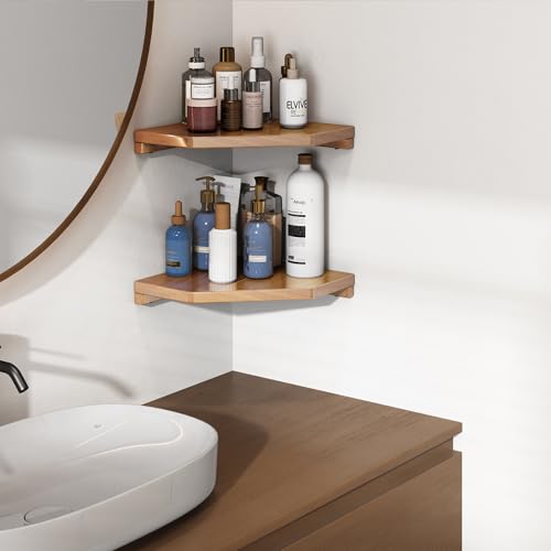 2 Pcs Floating Corner Shelves for Bathroom, Kitchen or Living Room Decor, Wooden Wall Mounted Shelves, Natual Teak