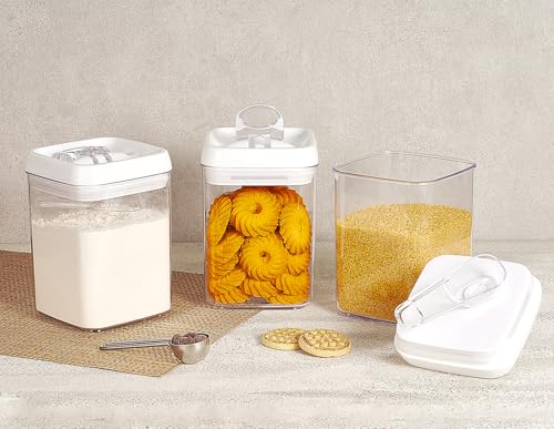Felli Flip Tite Storage Container with Built-In Spoon & Airtight Lid 5” Large-M Ring Flip Top, Stackable Acrylic Canister for Sugar Flour Powder, Kitchen Pantry Organizer (1.8qt), 2 spoons - color: White, size: 5"
