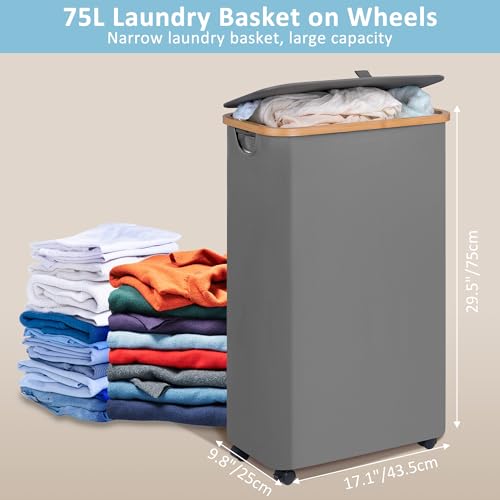 efluky Slim Laundry Basket with Wheels, Narrow Rolling Laundry Hamper with Lid and Removable Bag, Tall Aesthetic Dirty Clothes Hamper on Wheels for Laundry Room, Bedroom, Dorm and Bathroom, 75L Grey - color: Grey, size: 75L