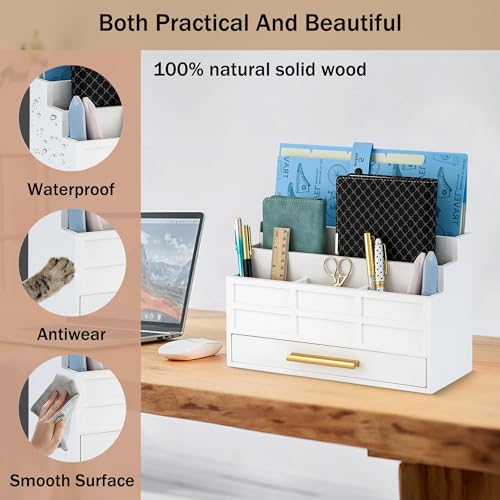 dreampossible white Wood Desk Organizer and Accessories with Drawer, Bill Mail Organizer and File Mail Holder for Office Supplies, Rustic Desk Accessories & Workspace Organizers for Desk Organization - color: White B