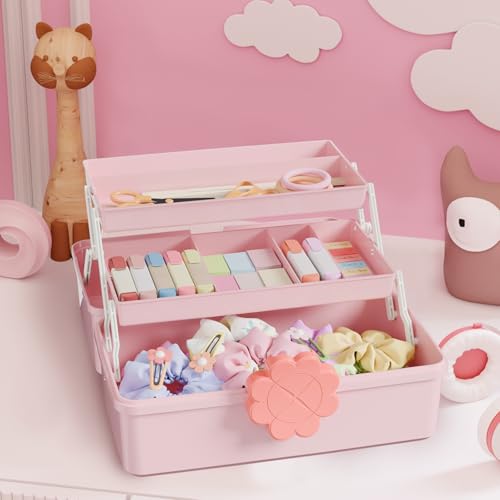 Covetree Hair Accessories Organizer with Handle sewing organizer，Lockable Three-Layer Multipurpose Art Supplies Storage Box and Storage Plastic Jewelry Box (pink) - color: pink