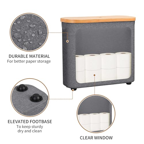 Toilet Paper Storage with Bamboo Lid,Foldable Basket Organizer for Bathroom, Holds 9 Mega/12 Regular Rolls, Waterproof Toilet Paper Holder Storage with Non-Slip Base,Gray - color: Gray
