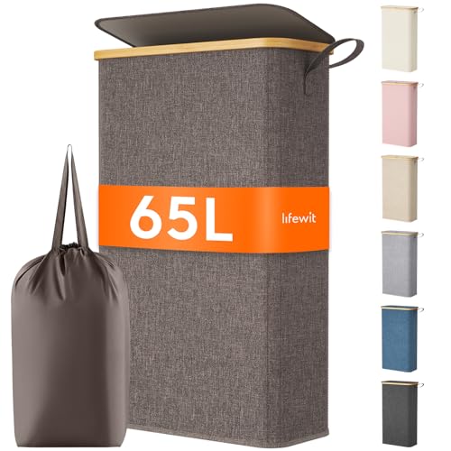 Lifewit 65L Slim Laundry Hamper with Lid, Narrow Laundry Basket with Removable Bag & Bamboo Handles, Fodable Thin Dirty Clothes Hamper for Laundry Collapsible Bin for Bathroom Bedroom Dorm, Brown - color: Brown, size: 65L
