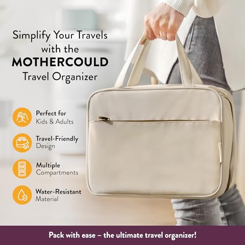 Kids Travel Organizer – Multi-Compartment, Water-Resistant Hanging Bag for Toys, Snacks, & Activities - Compact, Lightweight Design with Hook & Carry Handle - Perfect for Travel Use (Beige, Large) - color: Beige, size: Large