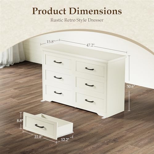 AODK Farmhouse 6 Drawer Dresser for Bedroom, 47” Wide Rustic Storage Dresser with Engineered Wood Frame, Anti-Tip Safety Chest, American Country Bedroom Furniture, Vintage White - color: Vintage White, size: 15.7"D x 47"W x 30.4"H (6 Drawers)