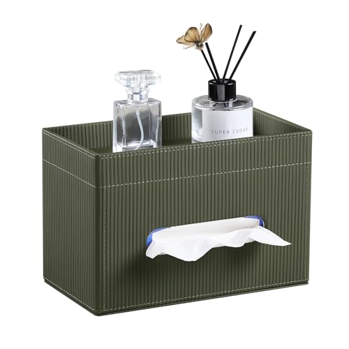 Rectangular Tissue Box Cover with Storage Tray, PU Leather Tissue Box Holder for Bathroom Vanity Countertop Night Stands Bedroom Office Desk, Stylish Tissue Holder Decorative Organizer (Green) - color: Green