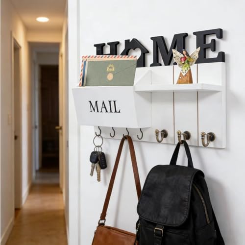 Rustic Wall Key Holder with Shelf & Hooks - Wall Mounted Mail Organizer for Entryway | Wooden Key Rack for Keys, Coats, Dog Leash-White - color: White