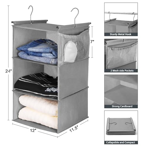 MAX Houser 3 Tier Shelf Hanging Closet Organizer, Space Saver,Closet Hanging Shelf with 2 Sturdy Hooks for Storage, Foldable (Grey) - color: Ashy