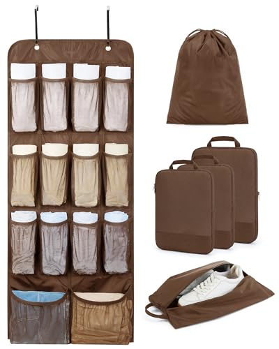 BAGSMART Hanging Compression Packing Cubes for Closet Organizers And Storage, 6 Set Suitcase Organizer Bags Set, Cruise Travel Essentials for Women | Hanging, Compression, Packing Cubes, for Women - color: Coffee Brown