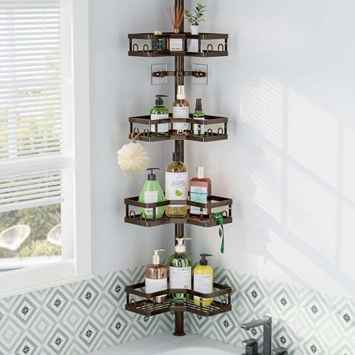 HEVEL Corner Shower Caddy Tension Pole, 4 Tier Adjustable Shower Organizer Corner 62-115 Inch, Rustproof Bathroom Shower Shelves for Bathtub Storage,Bronze - color: Bronze