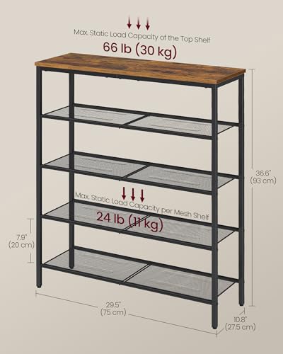 VASAGLE 5-Tier Shoe Rack, Large Shoe Storage Organizer for Closet, Entryway, 18-24 Pairs, with 4 Metal Mesh Shelves, 10.8 x 29.5 x 36.6 Inches, Rustic Brown and Black ULBS115KD01 - color: Rustic Brown, size: 5 Tiers (29.5"W)