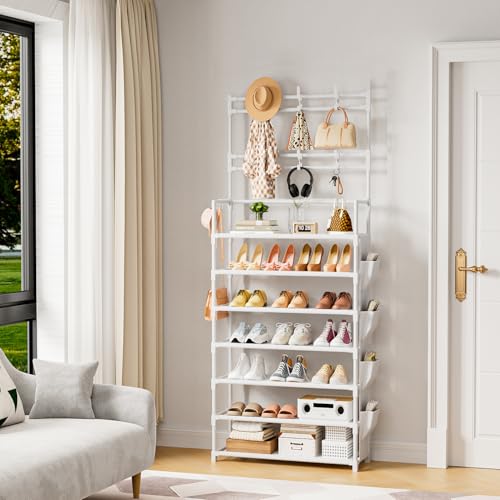 OYREL Shoe Rack 7 Tier Shoe Organizer Storage 21-28 Pairs Closet Shoes Rack for Front Door Entrance Shoe Rack Organizer with Hooks Side Pocket Entryway Large Capacity Shoe Shelf Tower Garage - color: White, size: 7 Tier (23.6"Wx 65.4"H)