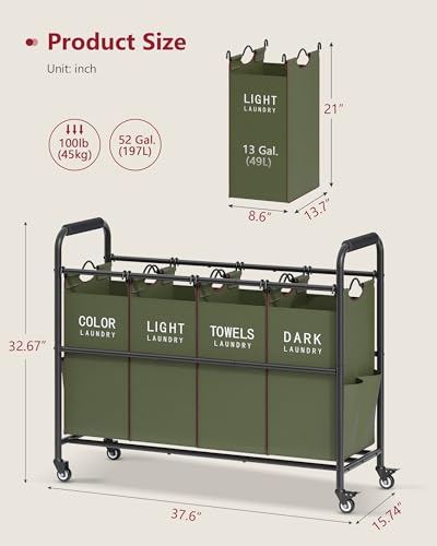 Tajsoon 4 Bag Laundry Sorter Cart, 4 Section Laundry Hamper Sorter with Heavy Duty Lockable Rolling Wheels, Laundry Separator Hamper with Removable Bags for Dirty Clothes Storage, Green - color: Green
