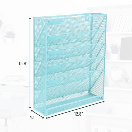 EASEPRES 6 Tier Mesh Hanging Wall File Organizer, Desk Vertical Mail Paper Document Folder Holder Rack with Bottom Tray and Nametag Label for Office Home School, Blue - color: Blue, size: 6 Tier