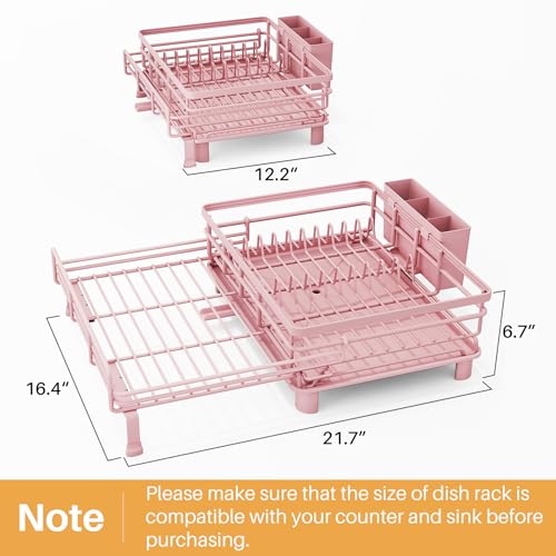 SNTD Dish Drying Rack - Extendable Dish Rack, Large Sink Drying Dish Drainer for Kitchen Counter, Stainless Steel Dish Strainer with Utensil Holder (Pink) - color: Pink