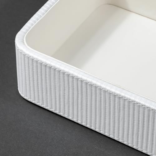 PU Leather Valet Tray Organizer, Small Nightstand Organizer Bedside Desktop Storage for Womens and Men, Perfume Trinket Catchall Vanity Tray for Key Watch Wallet (White, Rectangular) - color: White