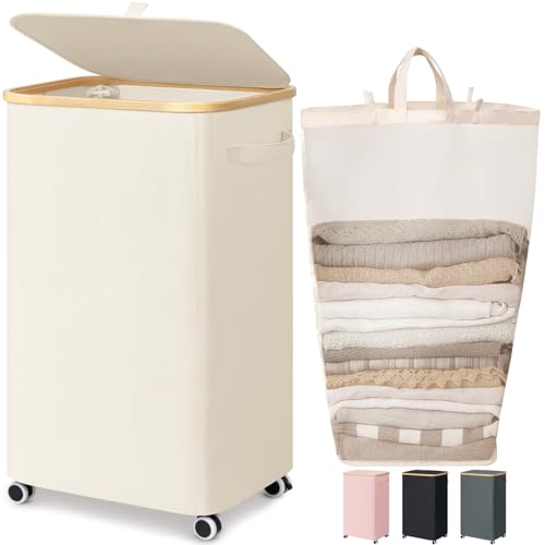 Goodpick Laundry Basket with Wheels, Large Laundry Hamper with Lid 100L Clothes Hamper with Removable Laundry Bag Collapsible Dirty Clothes Basket for Laundry Room, Bedroom, Beige - color: Beige, size: 100L (17.3"L x 13"W x 29.5"H)