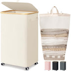 Goodpick Laundry Basket with Wheels, Large Laundry Hamper with Lid 100L Clothes Hamper with Removable Laundry Bag Collapsible Dirty Clothes Basket for Laundry Room, Bedroom, Beige - color: Beige, size: 100L (17.3"L x 13"W x 29.5"H)