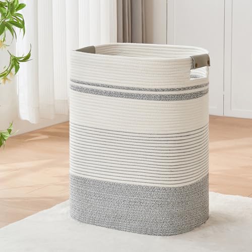 AINUOQI Laundry Basket with Handles - Blanket Basket & Hampers for Bedroom Aesthetic, Laundry Hamper & Blanket Storage for Living Room, Clothes Hamper, Tall, Large 17" x 14" x 22”, Grey & White - color: Grey & White, size: 85L