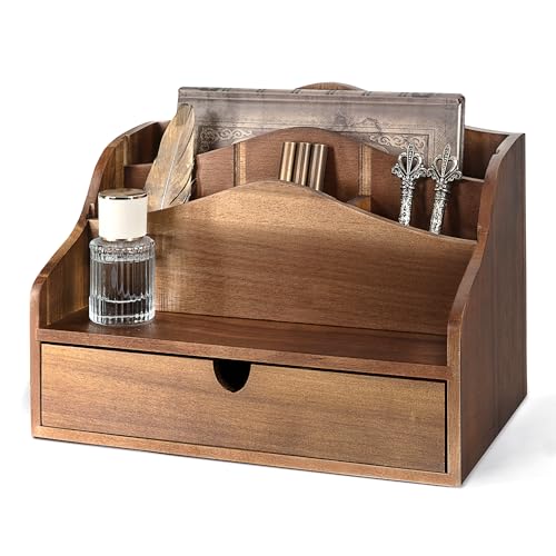Rebee Vision Acacia Wood Mail Organizer for Desk – Farmhouse Countertop Mail Holder with Drawer for Office Accessories –Rustic Desktop Organizer for Home Decor (Acacia Wood) - color: B-acacia Wood