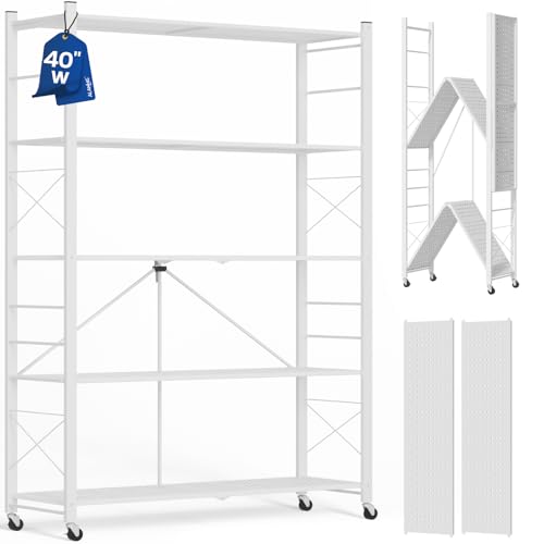 ALANNG 40" W Foldable 5-Tier Storage Shelves with Wheels, Adjustable & Removable Metal Rack, Heavy Duty Rolling Organizer for Kitchen, Garage, Closet, Pantry, and Office (White,1 Pack) - color: White