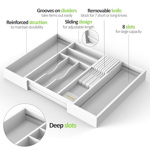 Bamboo Kitchen Drawer Organizer, Expandable Silverware Organizer with Removable Knife Block, 6-8 Slots- Utensil Holder & Cutlery Tray Drawer Dividers, 2.36" Deep for Extra Capacity, White - color: White