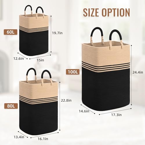 Laundry Basket Hamper,Blanket Storage,Dirty Clothes Hamper with Swivel Handles,Woven Cotton Rope Toy Baskets,Blanket Basket Living Room,Decorative Hampers for Nursery,Bedroom,Brown & Black,60L - color: Brown & Black, size: 60L