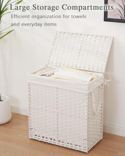 SETVSON Laundry Hamper with Lid Wicker Laundry Basket 112 L (29.6 Gal) Laundry Hampers Handwoven Rattan Clothes Hamper with Handles 3 Removable Liner Bag, 6 Mesh Bags for Bathroom Bedroom White - color: White, size: 29.6 Gal