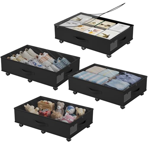 Babenest 4-Pack Under Bed Storage Organizer with Clear Zippered Lid, Foldable Rolling Underbed Drawers on 6 Wheels, Space Saving Clothes, Shoes, Toy Storage for Bedroom, Dorm, Closet - size: 4 Pack