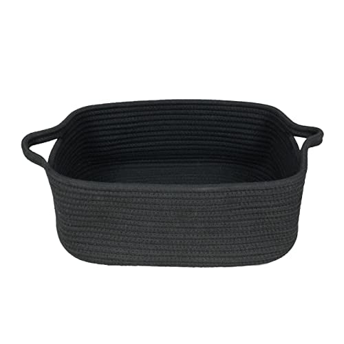 Woven Cotton Rope Storage Basket with Handles for Organizing Shelves Closet Small Cat Dog Pet Toy Basket Box Bin Decorative Rectangle Baby Nursery baskets Gift Baskets Empty Black - color: black