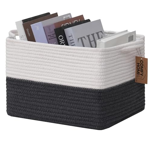 COMFY-HOMI Cotton Rope Woven Basket with Handles for Shelves,Toys,Book, Cloth Storage Baskets Bin for Organizing-13.5"x11"x9.5" Toy Decorative Organizer for Living Room, Bathroom-White/Dark Grey - color: dark grey, size: 13.5"X11"X9.5"