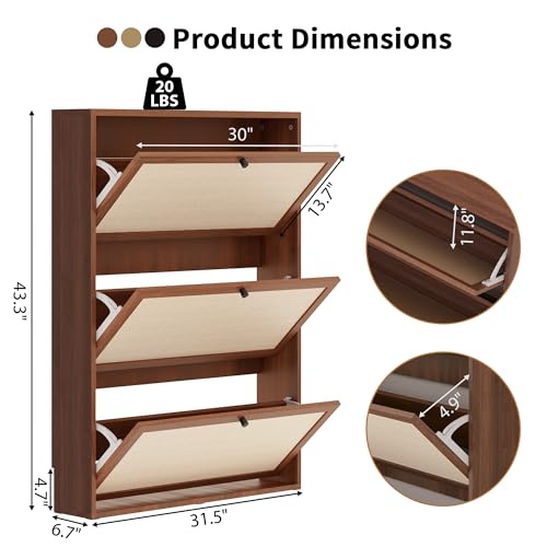 31.5" Mid-Century Slim Narrow Shoe Storage Cabinet for Entryway, Hidden 3 Tier Wood Shoe Storage Organizer with Non-Divider Flip Drawer for Hallway, Living Room,Apartment (Walnut) - color: Linen-walnut, size: 3-Drawer-No Divider