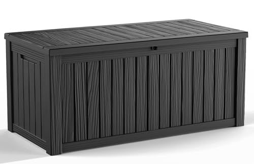 150 Gallon Waterproof Outdoor Storage Box, UV Resistant Resin Deck Box with Hydraulic Rod for Reinforced Stability, Perfect for Patio, Garden, and Pool, Striped Black - color: Black, size: 150 Gallon