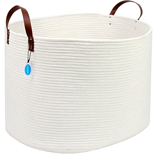 Casaphoria Extra Large Woven Cotton Rope Storage Basket for Organizing Towels Blanket Laundry Baskets for Bathroom,White Tall Laundry Basket for bedroom,Woven Hampe with Handles for Living Room - color: white