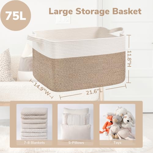 Goodpick Large Woven Blanket Basket, 21.6" x 14.9" x 11.8" Storage Baskets for Organizing, Rectangle Cotton Rope Toy Basket for Living Room, Bedroom, White & Brown - color: White & Light Brown, size: Large(21.6"L x 14.9"W x 11.8"H)