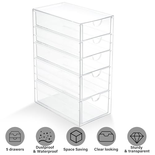 Prsildan Acrylic Drawer Makeup Organizer with 5 Drawers, Hair Accessories Organizer, Office Desk Organization, Clear Stackable Storage Drawers for Vanity, Countertop, Craft, Jewelry - style: 5 Drawers