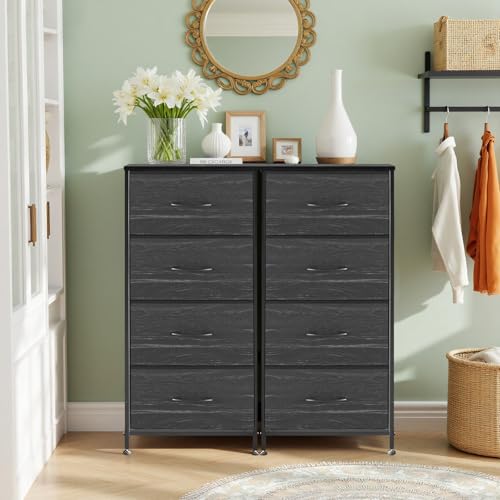 Nightstand, 4 Drawer Dresser End Table Bedside Furniture with Wooden Top Steel Frame Fabric Bins for Bedroom, Closet, Entryway, Dorm, Living Room, Charcoal Black - color: Charcoal Black, size: 11.8"D x 17.7"W x 37.4"H (4 Drawers)