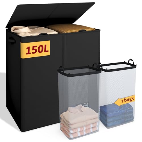 150L Laundry Hamper 2 Section, Large Laundry Hamper with Lid, Dirty Clothes Hamper with 2 Removable Inner Bags, Collapsible Laundry Basket Organizer for for Clothes Toys Towels, Hamper 2 Compartment - color: Black, size: 150L