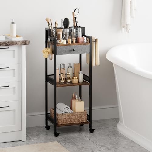 Bathroom Shelves with Drawer, 3 Tier Metal Rolling Standing Unit Storage Organizers with Toilet Paper Holder, Multifunctional Floor Corner Rack for Cosmetic, Dryer Curling Irons 12.8in Wide - color: 12.8“ Black With Drawer
