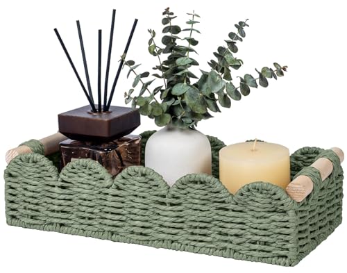 CubesLand Toilet Paper Storage Basket Organizer, Small Wicker Toilet Tank Top Decorative Baskets for Countertop, Handwoven Scalloped Basket w/handle for Home Decor, Living Room, Bedroom, Green - color: Green, size: S - 12.99"L x 6.3"W x 3.15"H